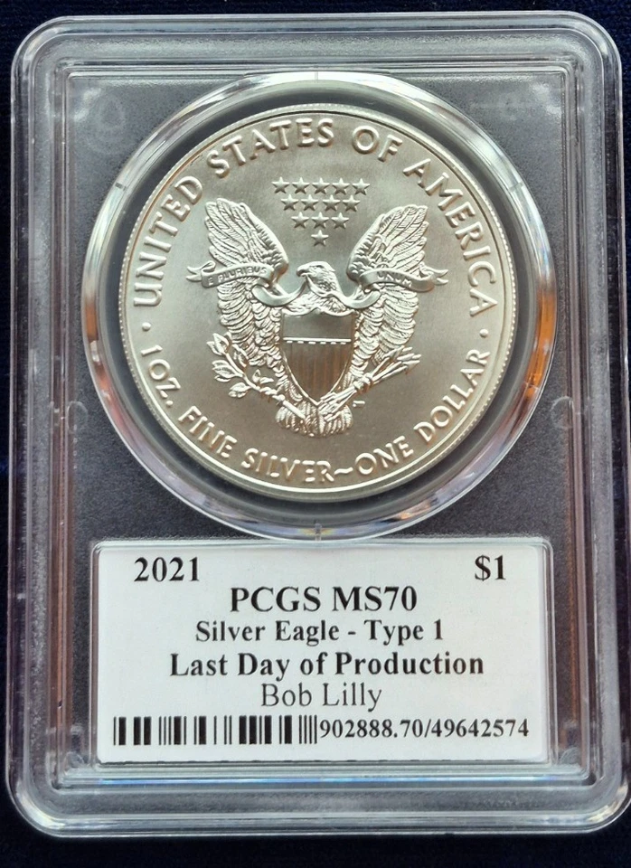 2021 $1 Silver Eagle Type 1 Last Day Prod PCGS MS70 Legends of Life Bob Lilly - Image 2 of 4