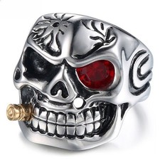 Goth Mens Biker Punk CZ Smoking Skull Ring Men Stainless Steel Size 7-15
