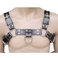 Men's Adjustable Leather Body Chest Harness Belt, Costume with Buckles - Black