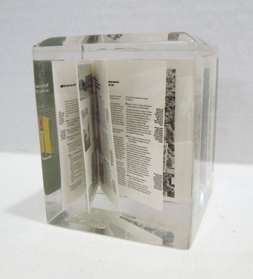 HIGH INVESTORS LTD. ACRYLIC BLOCK CUBE ADVERTISING PAPERWEIGHT W/ EMBEDDED BOOK 