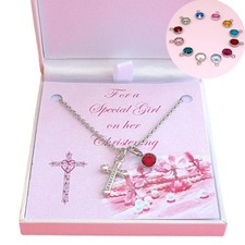 Christening Gift for a Girl. Birthstone & Cross Necklace. Gift for Special Girl.