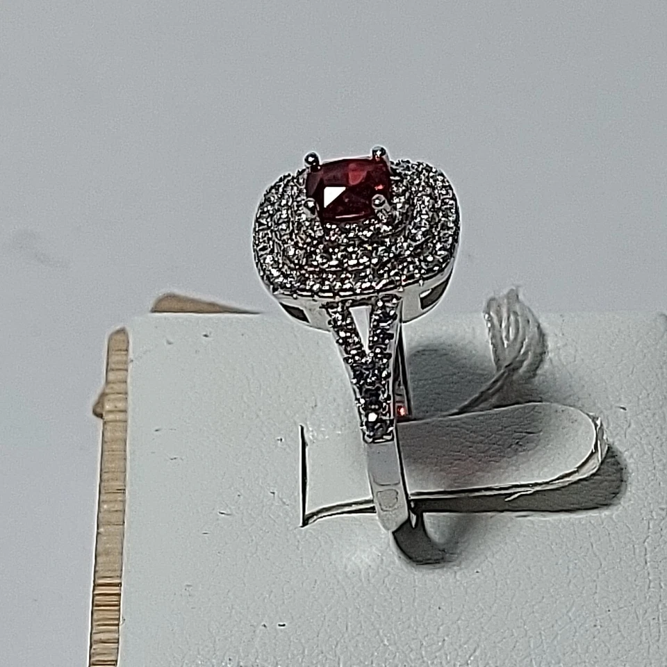 Anello donna argento925 elegante bianco zircone rosso rubino pavé contorno gambo - Immagine 3 di 4