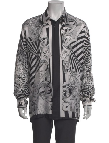 Vintage Gianni Versace Men's Cream & Black Baroque Silk Shirt *Rare Piece*