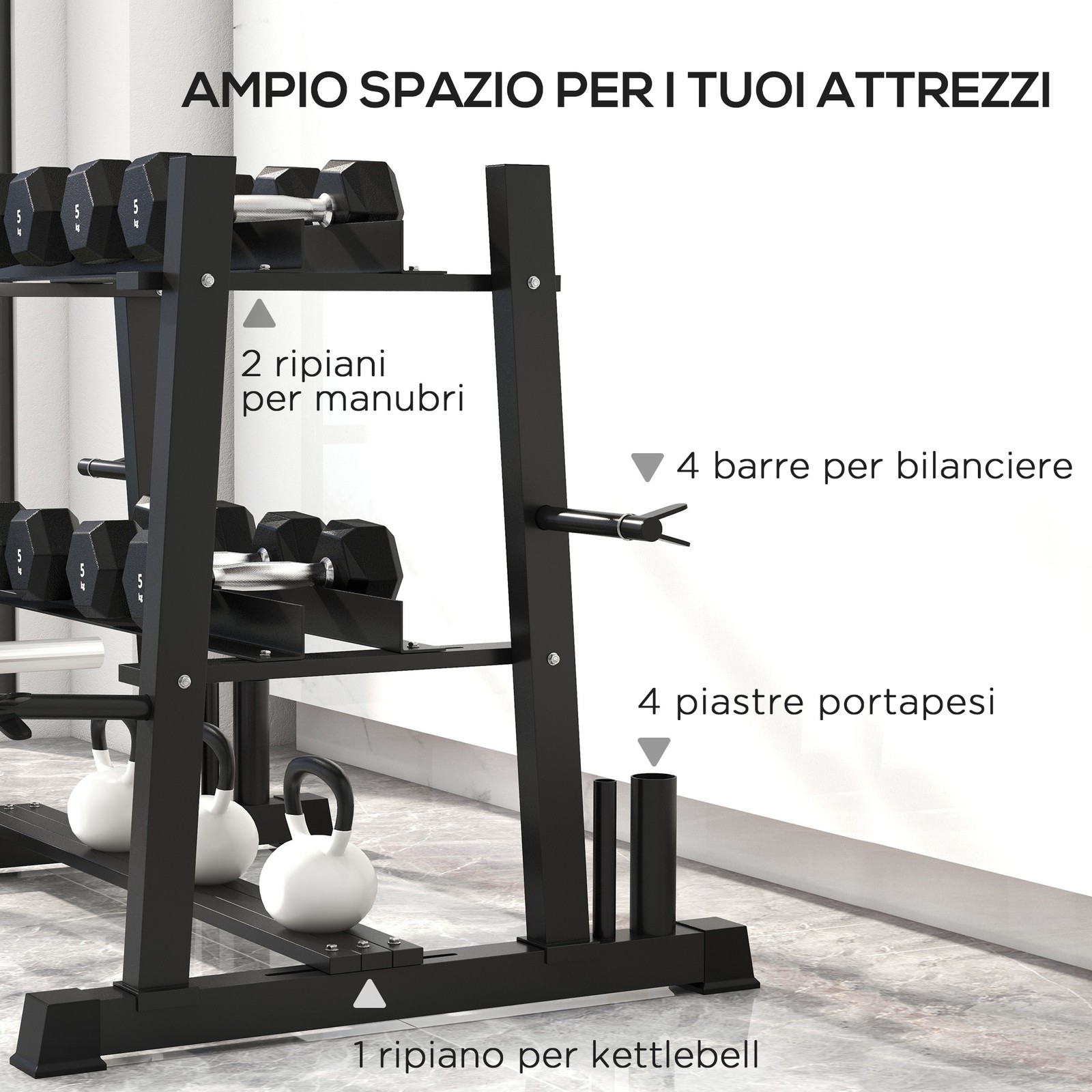 Rastrelliera per Manubri in Acciaio con 4 Aste Regolabili per Pesi e Kettlebell, foto 4