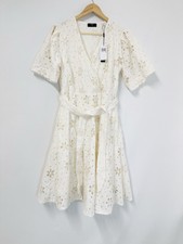 T TAHARI Women’s Eylet printed Faux Wrap Tie Waist Fit&Flare Dress Ivory Size 10