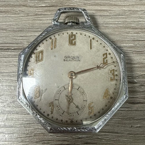 Rare Vintage GRUEN SEMI THIN OCTAGON Pocket Watch - working