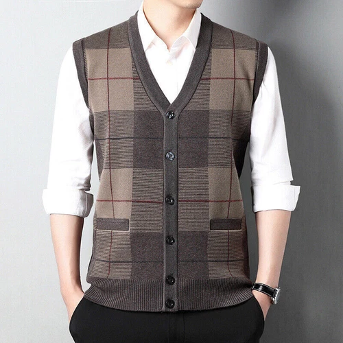 Men's Sleeveless V Neck Plaid Cardigan Sweater Vest with Knitted Waistcoat Tops - Picture 29 of 29