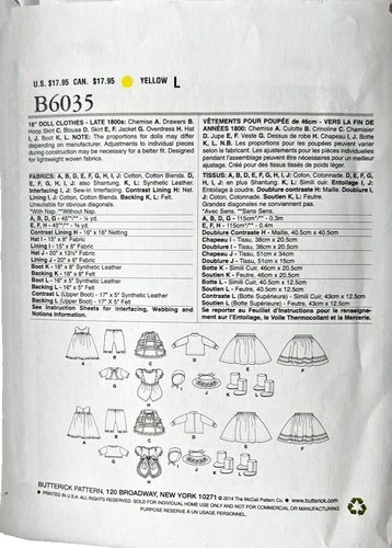 Butterick ~ Schnittmuster ~ #6035 ~ Kleider im Stil der späten 1800er Jahre ~ für 18" Puppen ~ neu ungeschnitten - Bild 3 von 7