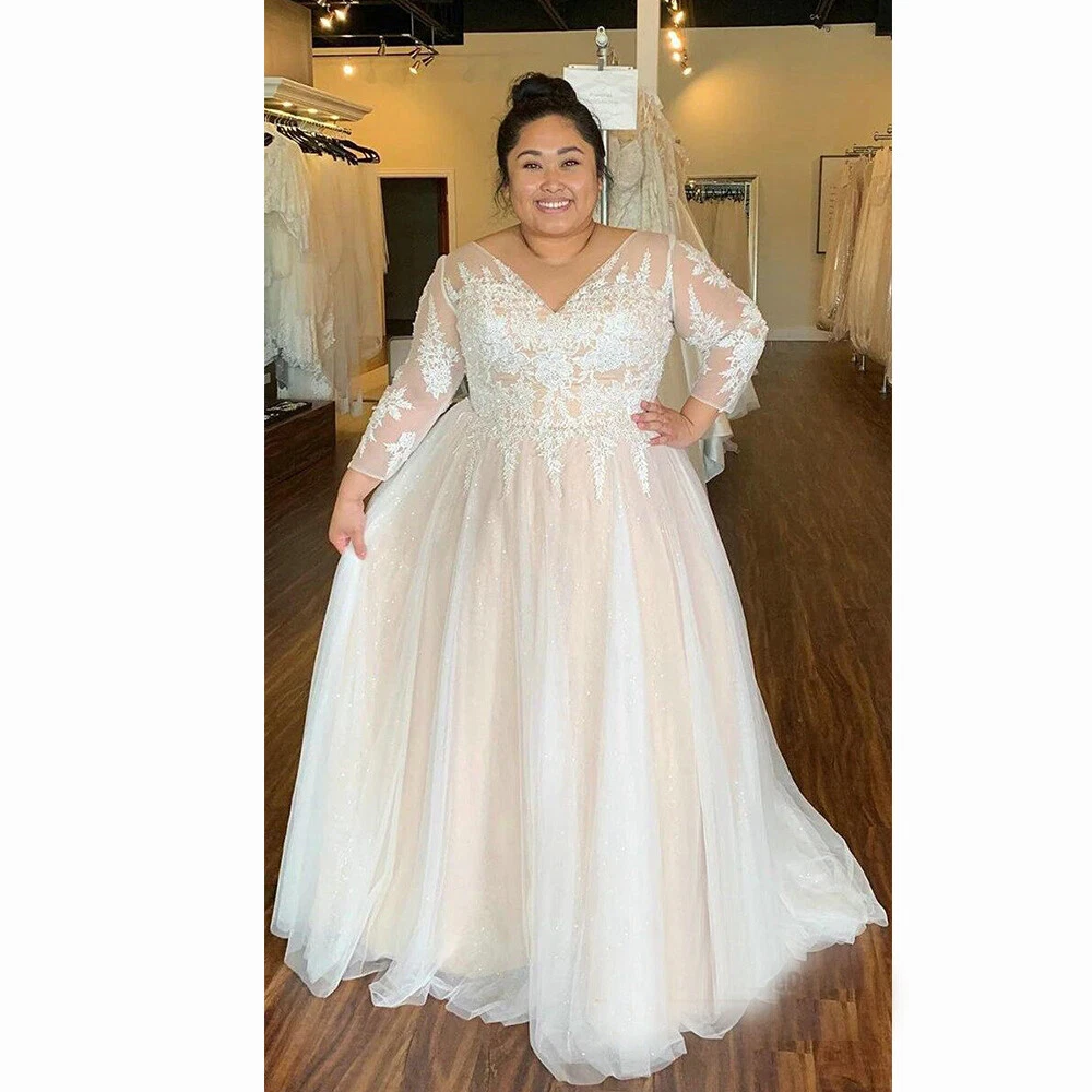 Glitter Plus Size Wedding Dresses Long Sleeve V Neck Lace Appliques Bridal Gowns