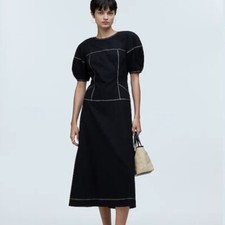 Madewell Puff-Sleeve Drop-Waist Midi Dress Black 2 Cottagecore Minimalist NWT