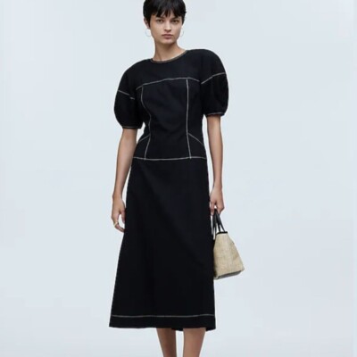 Madewell Puff-Sleeve Drop-Waist Midi Dress Black Size 2 NWT | eBay