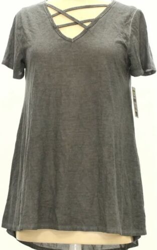Short Sleeve Grey Top Crisscross Neck Grey Long Semi Sheer Top Small