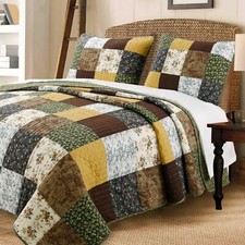 NEW COZY LODGE BROWN WHITE GREEN YELLOW PATCHWORK LOG CABIN FLORAL QUILT SET