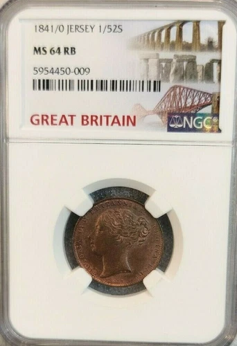 1841/0 JERSEY 1/52 SHILLING QUEEN VICTORIA YOUNG HEAD NGC MS 64 RB RARE TOP POP