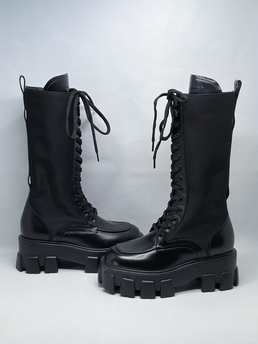 靴 Prada Combat boots Prada Monolith Leather and Re-Nylon Combat Boots | Saks