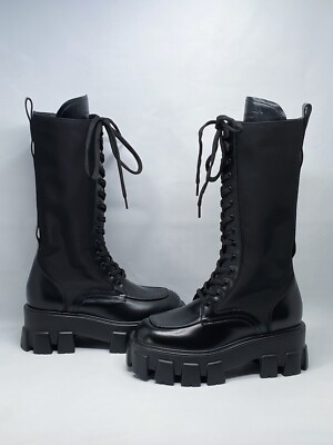 Prada Lug-Sole Tall Leather Combat Boots size 35 | eBay