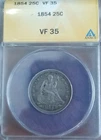 1854 25C SEATED LIBERTY QUARTER ARROWS ANACS VF35