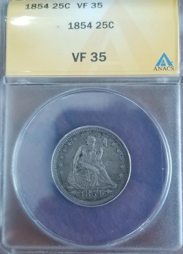 1854 25C SEATED LIBERTY QUARTER ARROWS ANACS VF35