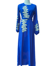 New Women's Embellished Pearl Lace Longsleeve Maxi Dress in Cobalt Blue SMALL