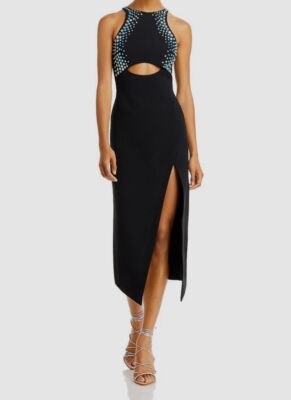 $2512 David Koma Women's Black Embellished Split Hem Midi Dress Size UK12 US8