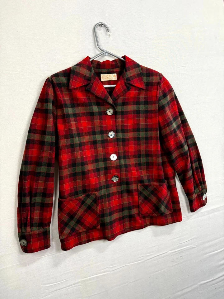 Chaqueta Pendleton Mujer 16 Rojo Verde Lana a Cuadros Plisada Manga Larga Botón Delantero Foto 4 de 4