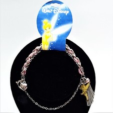 Disney Pink Tinkerbell 4 Charm Bracelet With 3 Silver Chains  Pink Licensed 7"