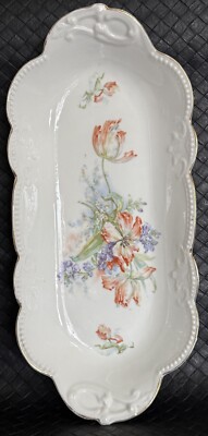 Antique Celery Dish Large  Orange Purple Flowers Embossed Scalloped VGUC