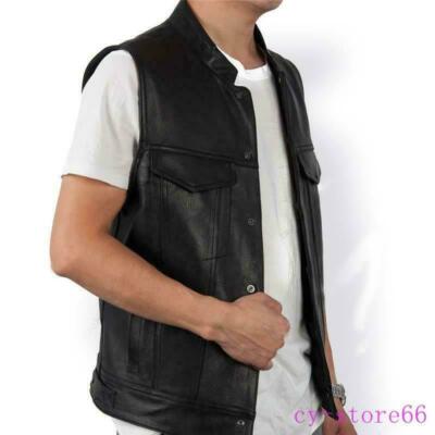 Men's Eco Leather Waistcoat Motor Vest Jackets Sleeveless Casual Stand Collar SZ