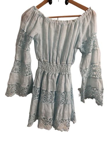 QUEEN MODA POSITANO Blue Linen Ruffle Boho Mini Dress Small New W/o Tags - 第 1/5 張圖片