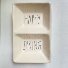 Rae Dunn Happy Spring divided serving dish in cream with black text by Magenta