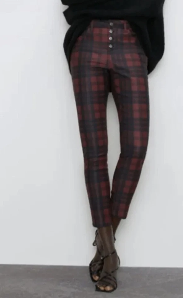Zara Women Pants Mid Rise Skinny Red Black Plaid Coated Button Fly Front Size 4 - Image 2 of 4