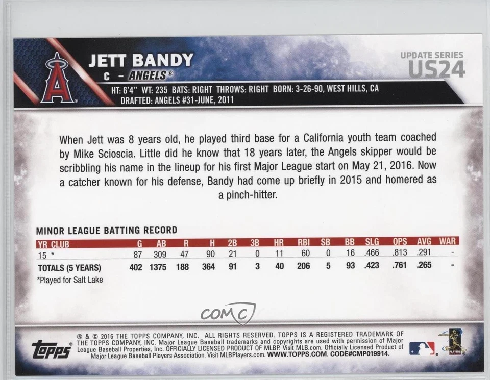 2016 Topps Update Topps.com Online Exclusive 5x7 Gold /10 Jett Bandy Rookie RC - Image 2 of 2