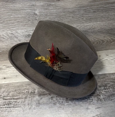 Vintage 60's Royal John B. Stetson Beaver Fur Felt Fedora w/Feather 6 7/8 Brown - Image 1 of 4