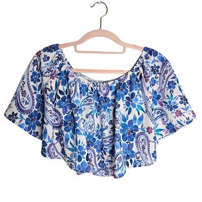SHOW ME YOUR MUMU Heidi Ruffle Crop Top size XS WHITE BLUE FLORAL Beachy Summer