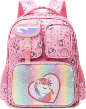 Girls Backpack Ages 5-8 for Kindergarten Elementary School, 15 Inch Unicorn Ba