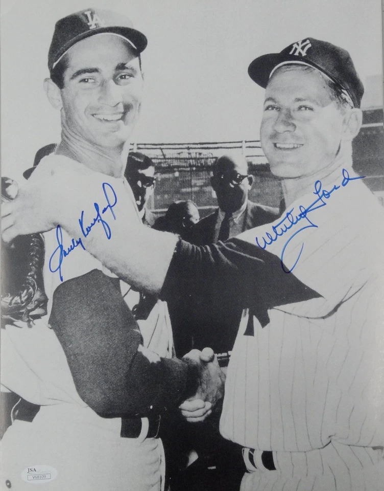 Foto autografiada por Sandy Koufax Whitey Ford doble 11X14 Dodgers Yankees JSA