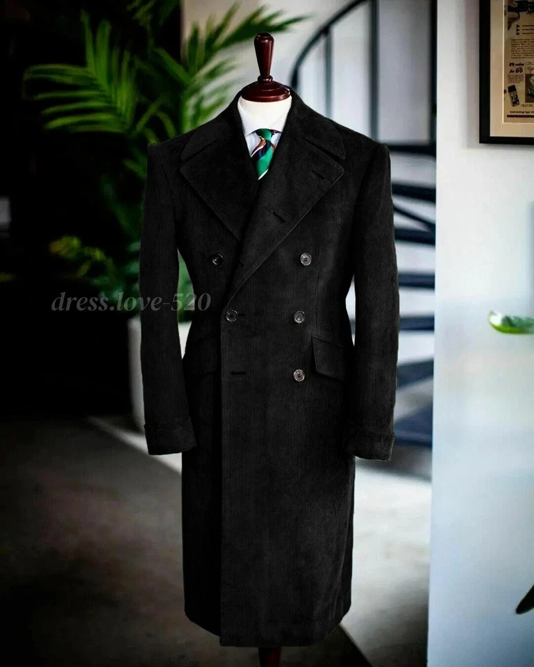 Corduroy Men Long Overcoat Double Breasted Wide Lapel Formal Business Long Coat - Image 2 of 4