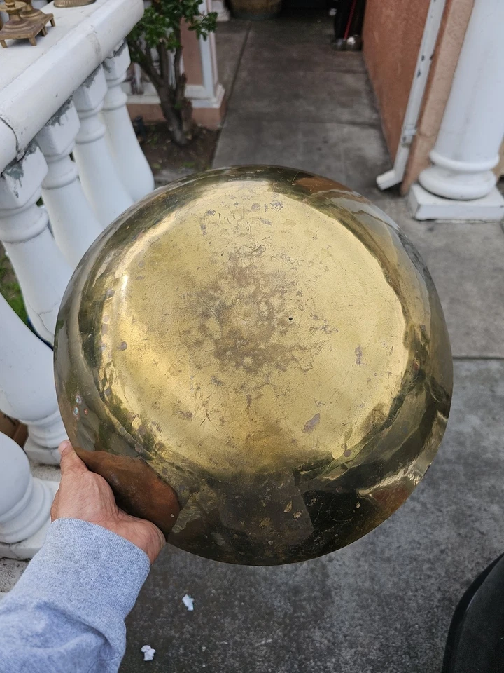 "Antiguo cuenco de latón de 14,5"" bandeja poco profunda redondeada circa pesada" Foto 4 de 4