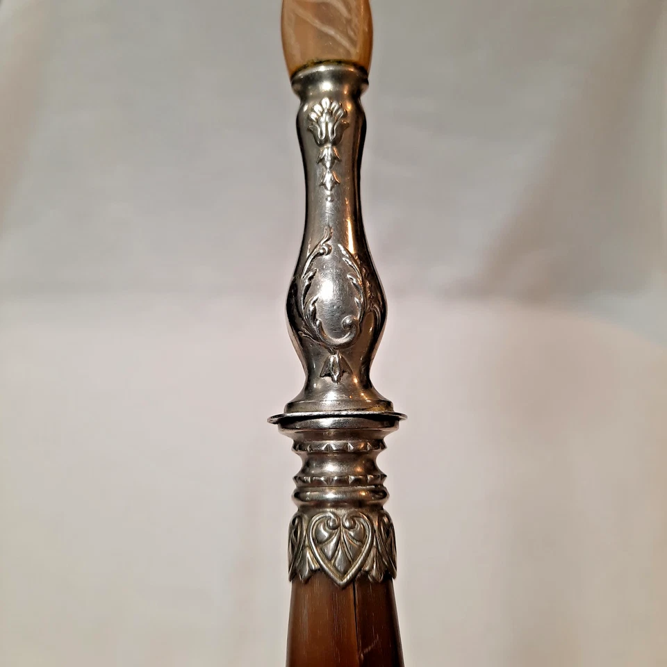 Antique French Horn & Silver Salad Serving Set Spoon and Fork Hand Made 11.25"L - Image 3 of 4