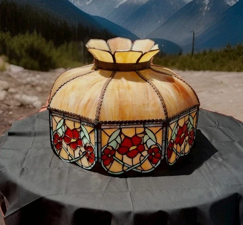 Vintage Tiffany Style Slag Stained Glass Poppy Design Lamp Shade 19" x 14" - EVC