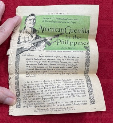 VINTAGE 1945 BOOK SECTION  AMERICAN GUERRILLA IN THE PHILIPPINES  CONDENSED 