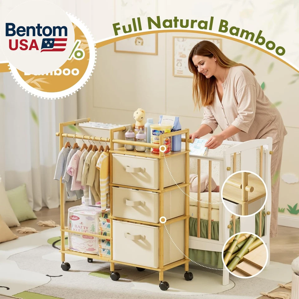 Carro organizador de pañales de bambú para bebé - Carro rodante de 3 niveles con divisores y re Foto 2 de 4