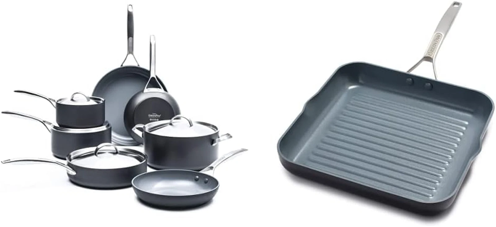Paris Pro 11-Piece Ceramic Nonstick Cookware Set & Grill Pan, Grey