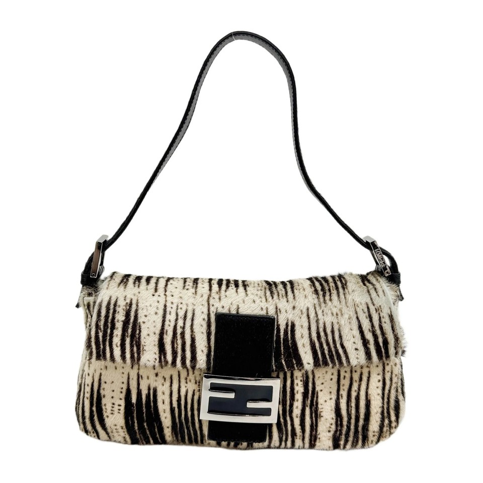 FENDI Baguette Brown & White Animal Print Pony Hair Shoulder Bag