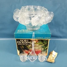 VTG Anchor Hocking Rain Flower 12 Service Glass Punch Bowl Set W/ Orig Box READ