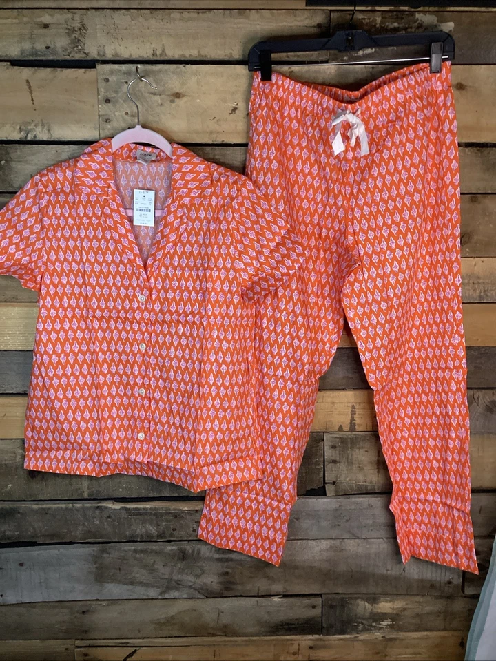 Nuevo J Crew Mujeres Audaz Naranja Rosa Recortado PJ Set S Cintura Elástica Algodón Floral Foto 2 de 4