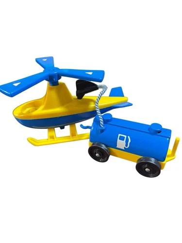 Vintage Fisher Price Little People Airport Yellow & Blue Helicopter And Fuel Car