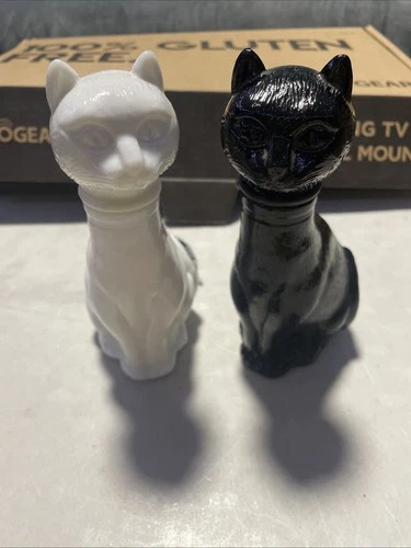 Two Vintage Empoli Milk Glass Atomic Cat 7" Decanter Art Glass MCM Genie Bottle