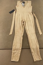 Bebe Women's Small Desert Mist Faux Suede Sleevless V Neck Catsuit NWT Flaw