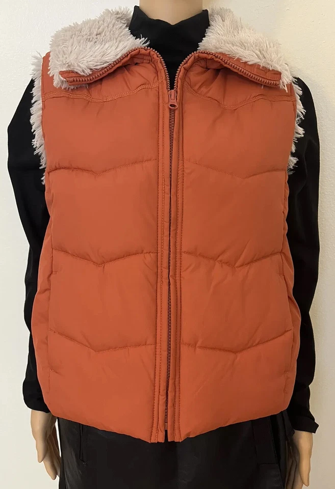 Chaleco acolchado Bailey’s Point-90s/Y2K vintage, naranja, crema imitación piel, Talla-L Foto 3 de 4